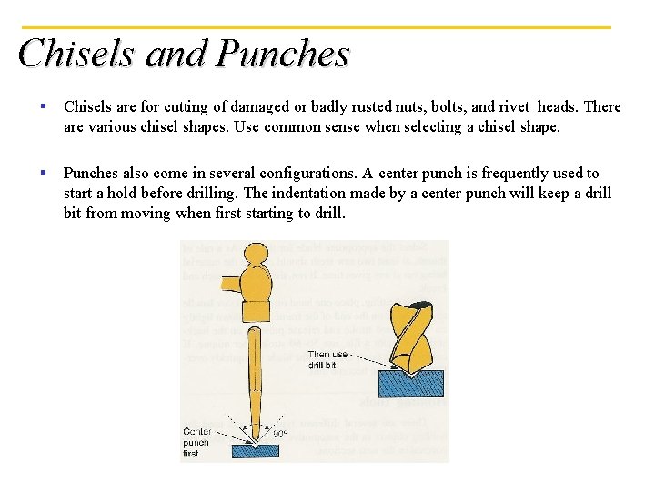 Chisels and Punches § Chisels are for cutting of damaged or badly rusted nuts,