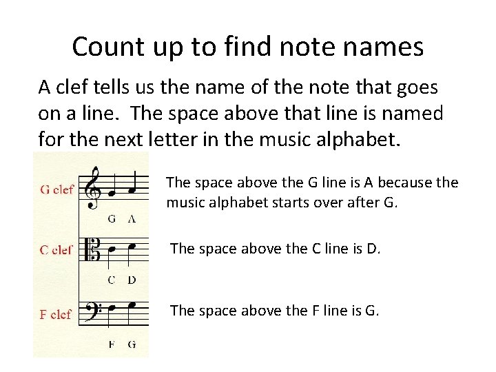 Count up to find note names A clef tells us the name of the