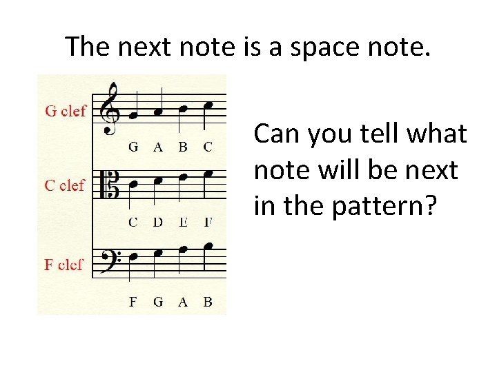 The next note is a space note. Can you tell what note will be