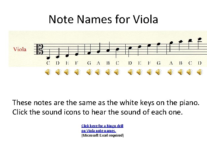Note Names for Viola These notes are the same as the white keys on