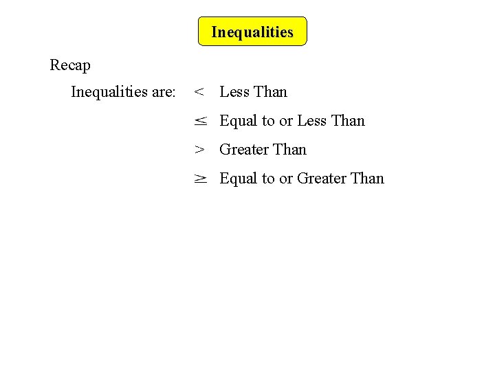 Inequalities Recap Inequalities are: < Less Than Equal to or Less Than > Greater
