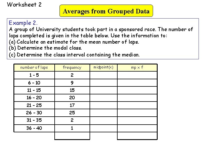 Worksheet 2 Averages from Grouped Data Example 2. A group of University students took