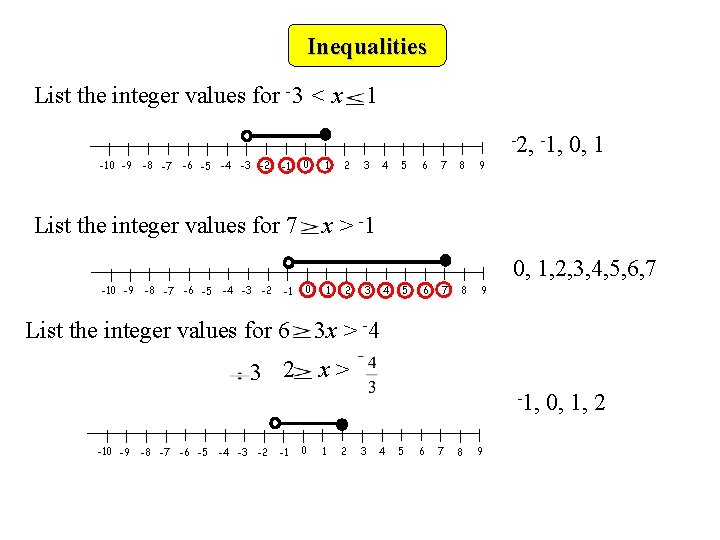 Inequalities List the integer values for -3 < x -10 -9 -8 -7 -6