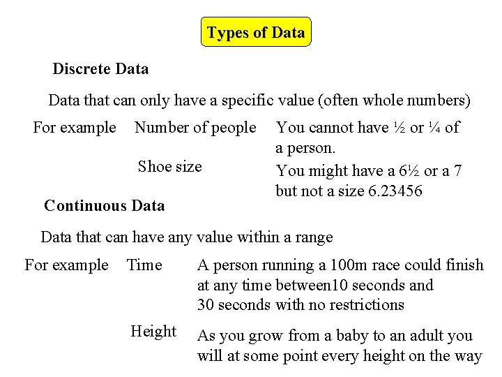 Types of Data Discrete Data that can only have a specific value (often whole