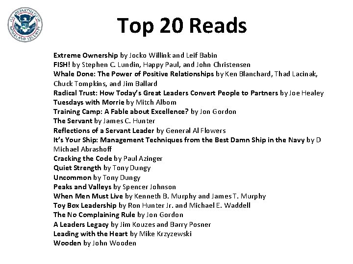 Top 20 Reads Extreme Ownership by Jocko Willink and Leif Babin FISH! by Stephen