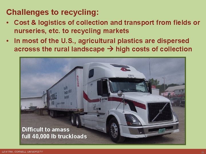 Challenges to recycling: • Cost & logistics of collection and transport from fields or