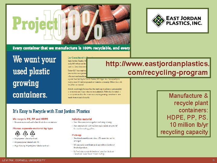 http: //www. eastjordanplastics. com/recycling-program Manufacture & recycle plant containers: HDPE, PP, PS. 10 million