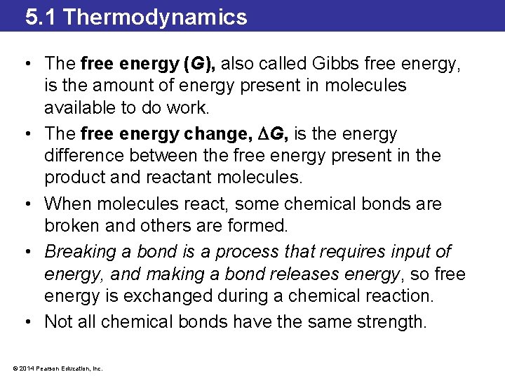 5. 1 Thermodynamics • The free energy (G), also called Gibbs free energy, is