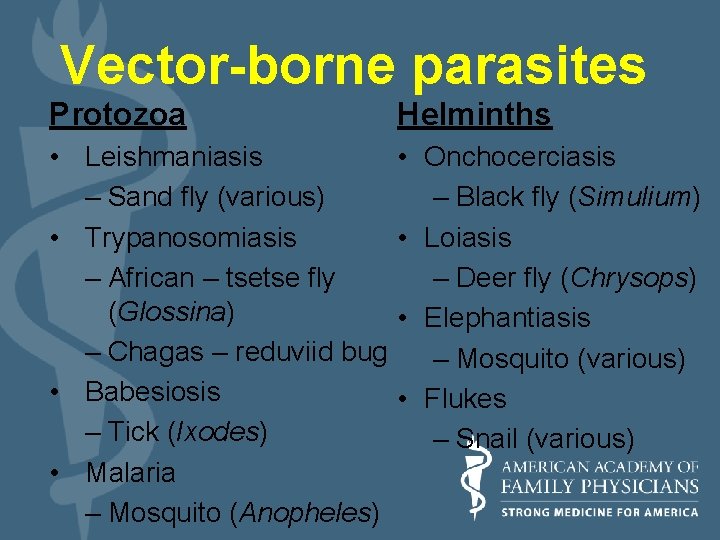 Vector-borne parasites Protozoa Helminths • Leishmaniasis – Sand fly (various) • Trypanosomiasis – African