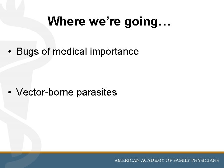 Where we’re going… • Bugs of medical importance • Vector-borne parasites 