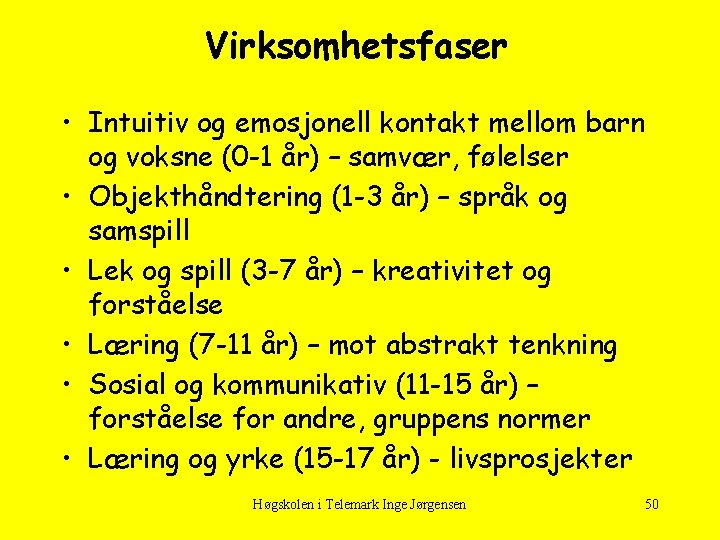 Virksomhetsfaser • Intuitiv og emosjonell kontakt mellom barn og voksne (0 -1 år) –