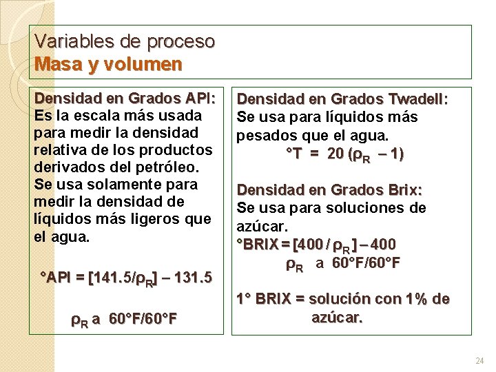 Variables de proceso Masa y volumen Densidad en Grados API: Es la escala más