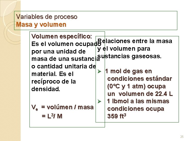 Variables de proceso Masa y volumen Volumen específico: Relaciones entre la masa Es el