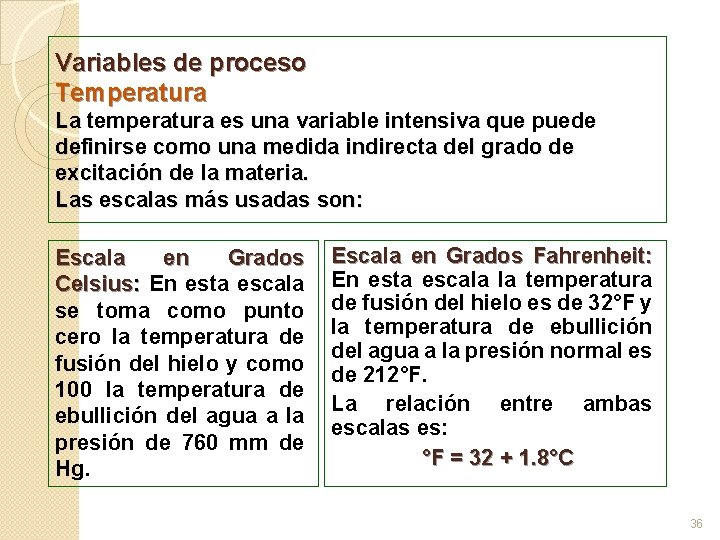 Variables de proceso Temperatura La temperatura es una variable intensiva que puede definirse como