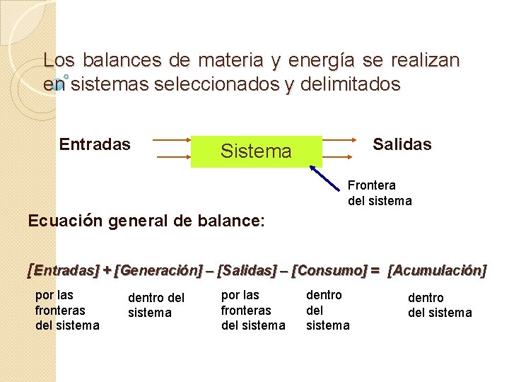 Los balances de materia y energía se realizan en sistemas seleccionados y delimitados Entradas