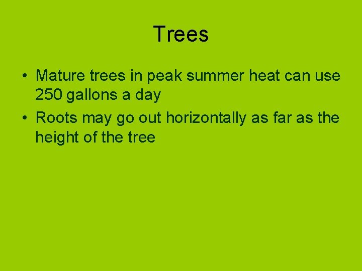 Trees • Mature trees in peak summer heat can use 250 gallons a day