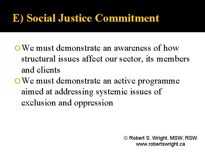E) Social Justice Commitment We must demonstrate an awareness of how structural issues affect
