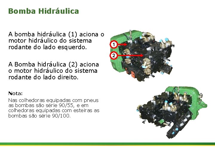 Bomba Hidráulica A bomba hidráulica (1) aciona o motor hidráulico do sistema rodante do