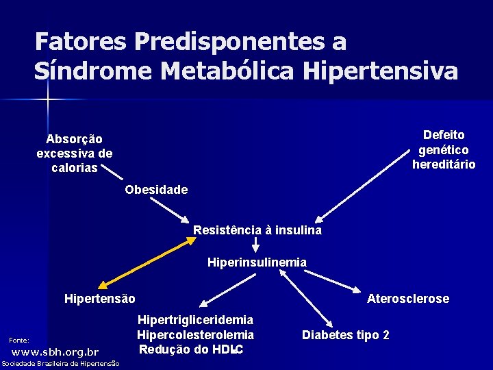 Fatores Predisponentes a Síndrome Metabólica Hipertensiva Defeito genético hereditário Absorção excessiva de calorias Obesidade