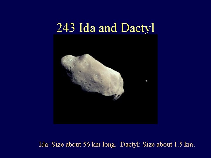 243 Ida and Dactyl Ida: Size about 56 km long. Dactyl: Size about 1.