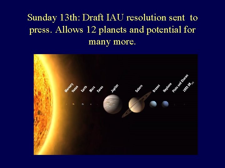 Sunday 13 th: Draft IAU resolution sent to press. Allows 12 planets and potential