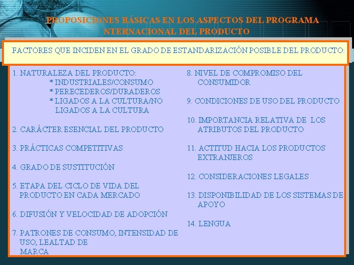 PROPOSICIONES BÁSICAS EN LOS ASPECTOS DEL PROGRAMA NTERNACIONAL DEL PRODUCTO FACTORES QUE INCIDEN EN PROPOSICIONES BÁSICAS EN LOS ASPECTOS DEL PROGRAMA NTERNACIONAL DEL PRODUCTO FACTORES QUE INCIDEN EN
