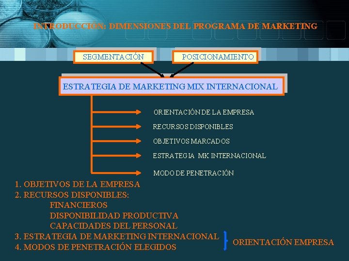 INTRODUCCIÓN: DIMENSIONES DEL PROGRAMA DE MARKETING SEGMENTACIÓN POSICIONAMIENTO ESTRATEGIA DE MARKETING MIX INTERNACIONAL ORIENTACIÓN INTRODUCCIÓN: DIMENSIONES DEL PROGRAMA DE MARKETING SEGMENTACIÓN POSICIONAMIENTO ESTRATEGIA DE MARKETING MIX INTERNACIONAL ORIENTACIÓN