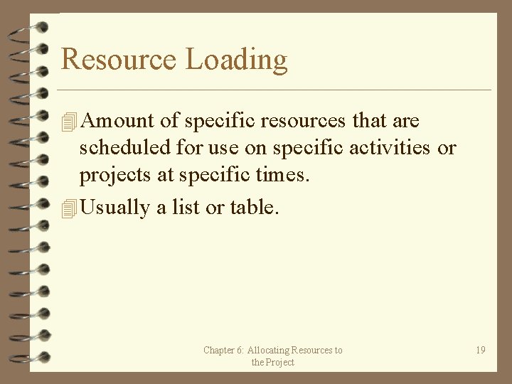 Resource Loading 4 Amount of specific resources that are scheduled for use on specific