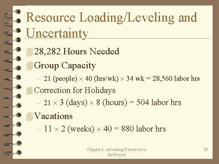 Resource Loading/Leveling and Uncertainty 4 28, 282 Hours Needed 4 Group Capacity – 21