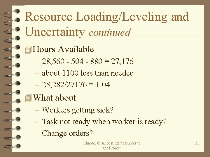 Resource Loading/Leveling and Uncertainty continued 4 Hours Available – 28, 560 - 504 -