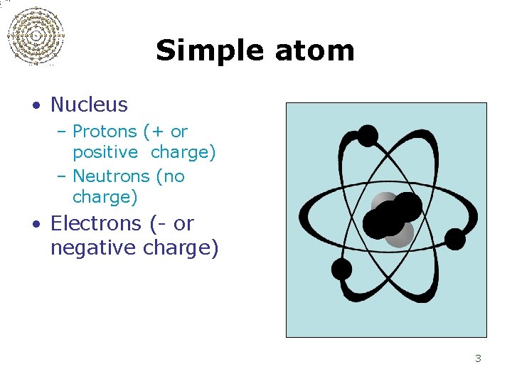 Simple atom • Nucleus – Protons (+ or positive charge) – Neutrons (no charge)