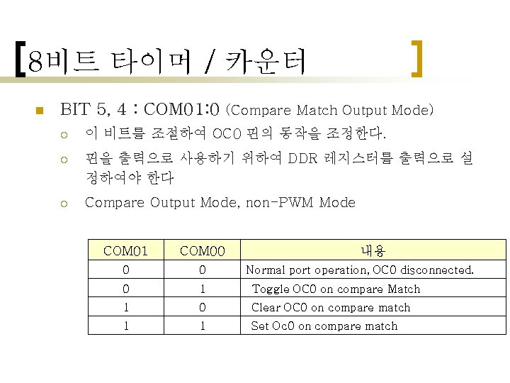 8비트 타이머 / 카운터 n BIT 5, 4 : COM 01: 0 (Compare Match 8비트 타이머 / 카운터 n BIT 5, 4 : COM 01: 0 (Compare Match