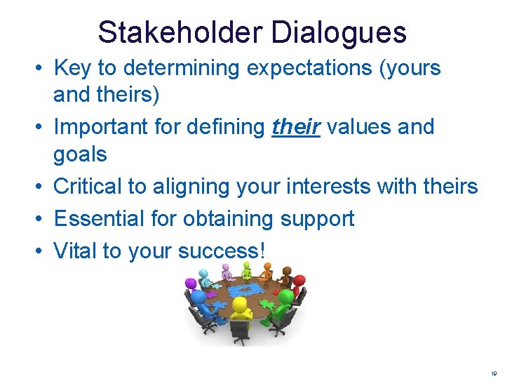 Stakeholder Dialogues • Key to determining expectations (yours and theirs) • Important for defining Stakeholder Dialogues • Key to determining expectations (yours and theirs) • Important for defining