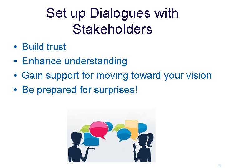 Set up Dialogues with Stakeholders • • Build trust Enhance understanding Gain support for Set up Dialogues with Stakeholders • • Build trust Enhance understanding Gain support for