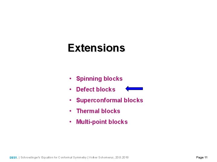 Extensions • Spinning blocks • Defect blocks • Superconformal blocks • Thermal blocks •