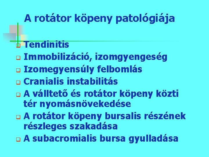 A rotátor köpeny patológiája Tendinitis q Immobilizáció, izomgyengeség q Izomegyensúly felbomlás q Cranialis instabilitás