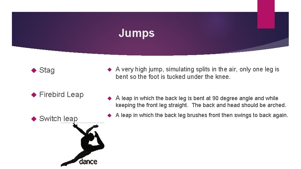 Jumps Stag Firebird Leap A very high jump, simulating splits in the air, only