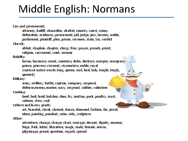 Middle English: Normans Law and government: attorney, bailiff, chancellor, chattel, country, court, crime, defendent,