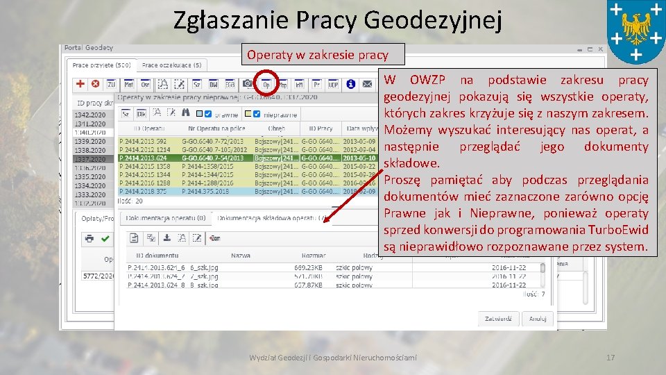 Zgłaszanie Pracy Geodezyjnej Operaty w zakresie pracy W OWZP na podstawie zakresu pracy geodezyjnej