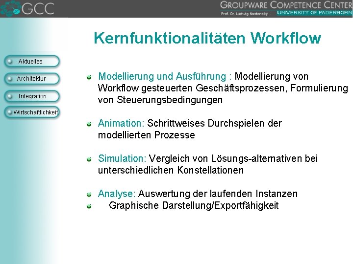 Kernfunktionalitäten Workflow Aktuelles Architektur Integration Modellierung und Ausführung : Modellierung von Workflow gesteuerten Geschäftsprozessen,