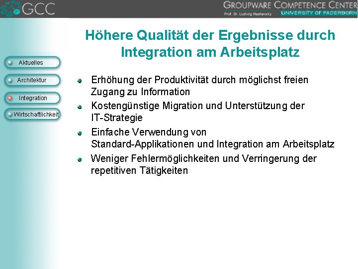 Aktuelles Architektur Integration Wirtschaftlichkeit Höhere Qualität der Ergebnisse durch Integration am Arbeitsplatz Erhöhung der