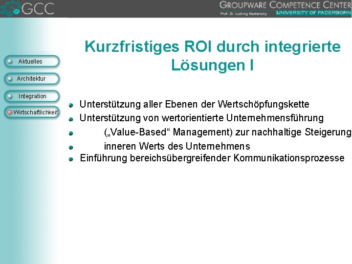 Aktuelles Kurzfristiges ROI durch integrierte Lösungen I Architektur Integration Wirtschaftlichkeit Unterstützung aller Ebenen der