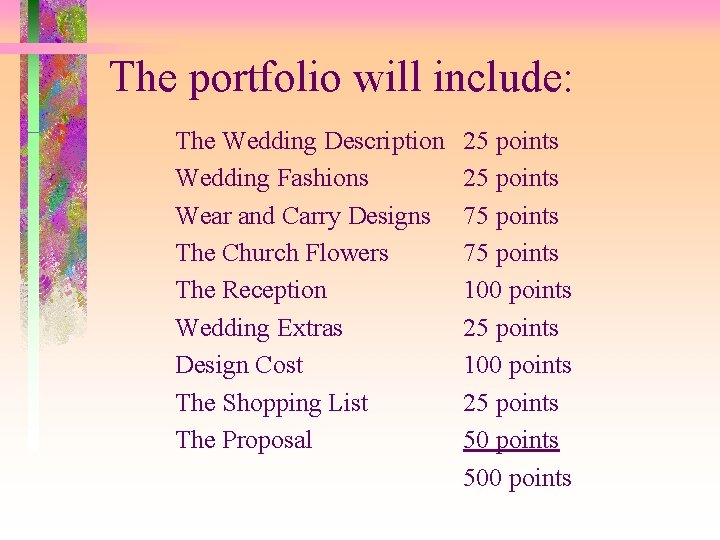 The portfolio will include: The Wedding Description Wedding Fashions Wear and Carry Designs The