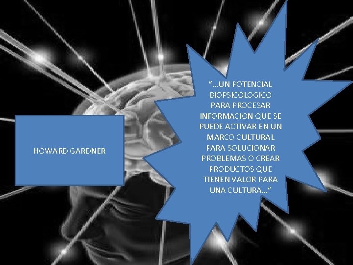 HOWARD GARDNER “…UN POTENCIAL BIOPSICOLOGICO PARA PROCESAR INFORMACION QUE SE PUEDE ACTIVAR EN UN