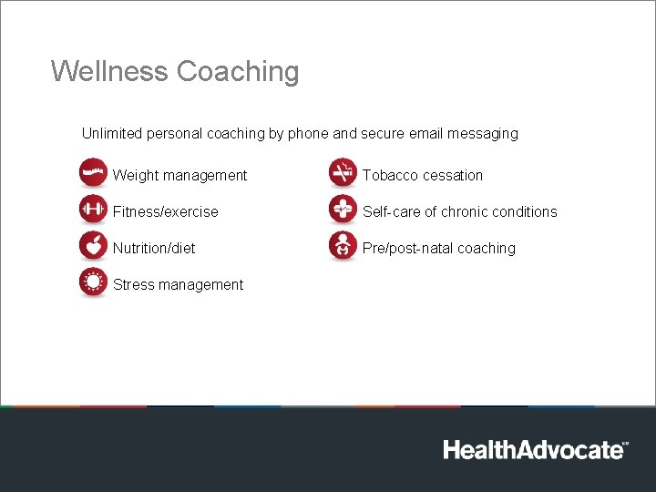 Wellness Coaching Unlimited personal coaching by phone and secure email messaging Weight management Tobacco