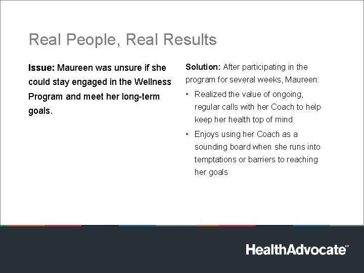 Real People, Real Results Issue: Maureen was unsure if she Solution: After participating in