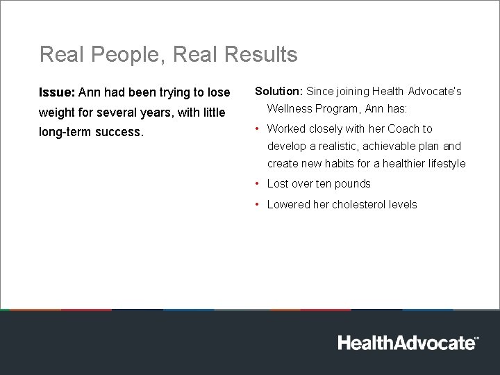 Real People, Real Results Issue: Ann had been trying to lose weight for several