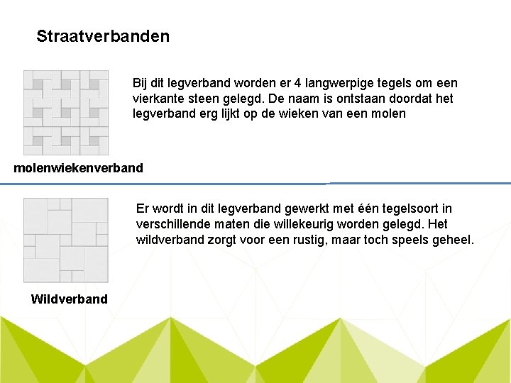 Straatverbanden Bij dit legverband worden er 4 langwerpige tegels om een vierkante steen gelegd.