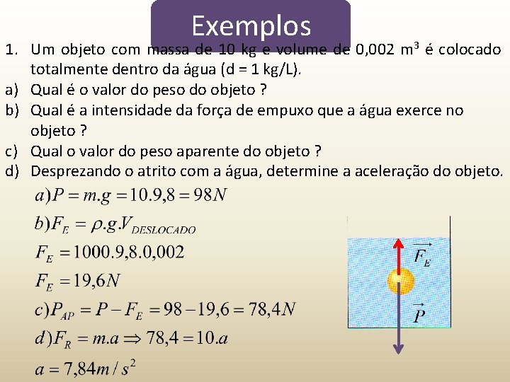 Exemplos 1. Um objeto com massa de 10 kg e volume de 0, 002