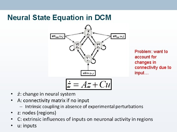 Neural State Equation in DCM Problem: want to account for changes in connectivity due